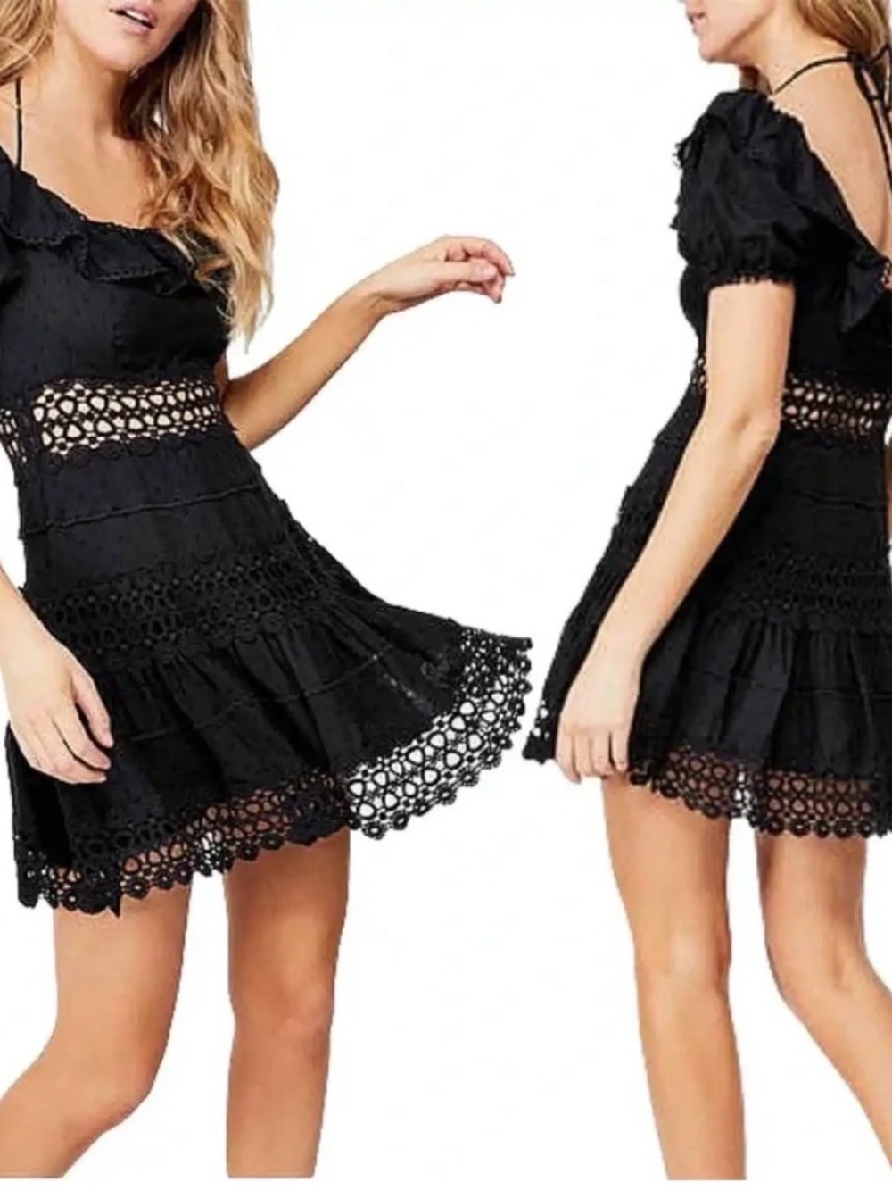 Free People Cruel Intentions Black Crochet Ruffle Boho Festival Mini Dress Sz 6